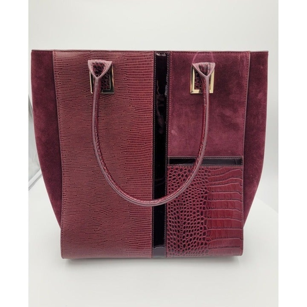 White House Black Market Burgundy Mixed Media Embossed Suede Tote Bag
